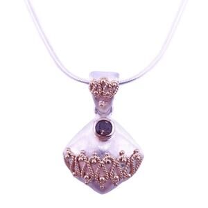 MICHOU Smokey Quartz Sterling Silver & Gold Accented Sq Scrollwork Necklace NWOT